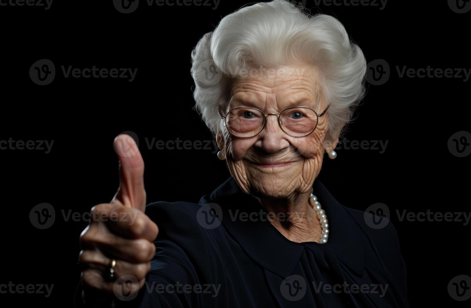AI generated Elderly woman expressing approval with a thumbs up against a plain black background, age acceptance image photo
