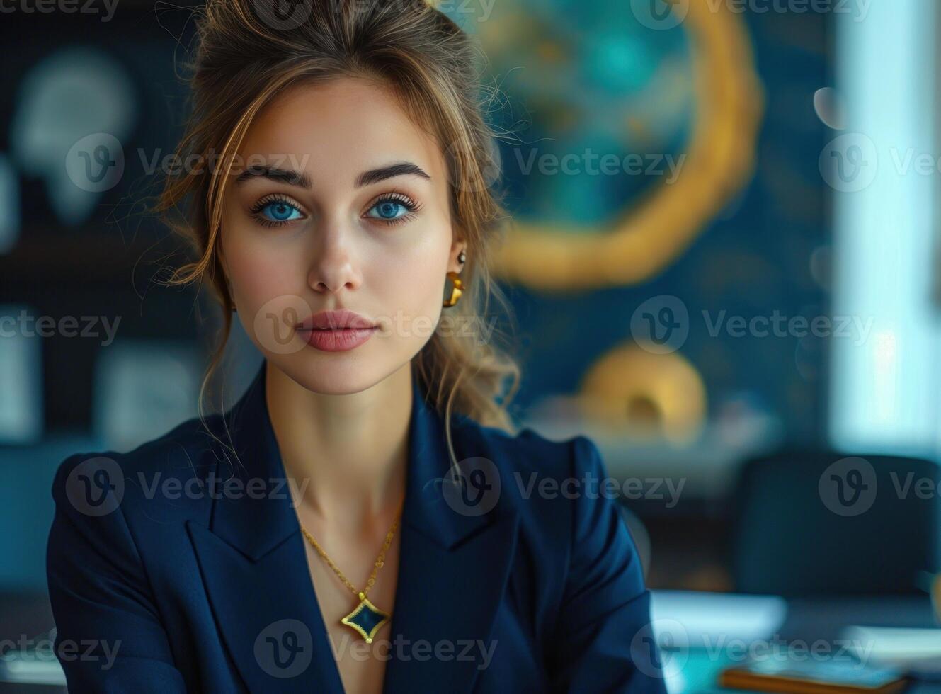 AI generated Beautiful young professional woman working in the office with dedication and focus on her tasks, responsibility picture photo