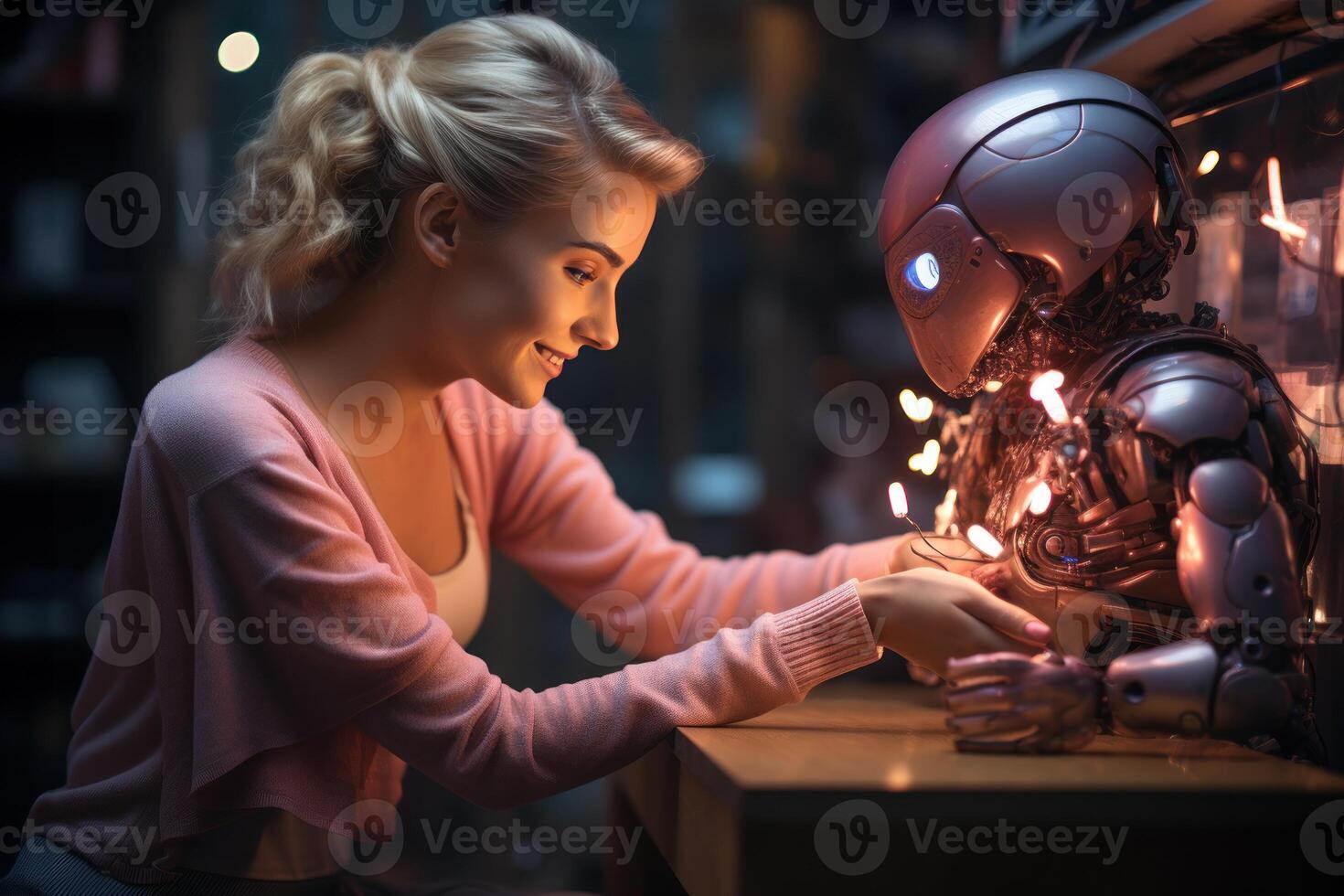 AI generated Two women stand behind an interactive robot exploring its features and functions together with curiosity and amazement, robotic technology photo