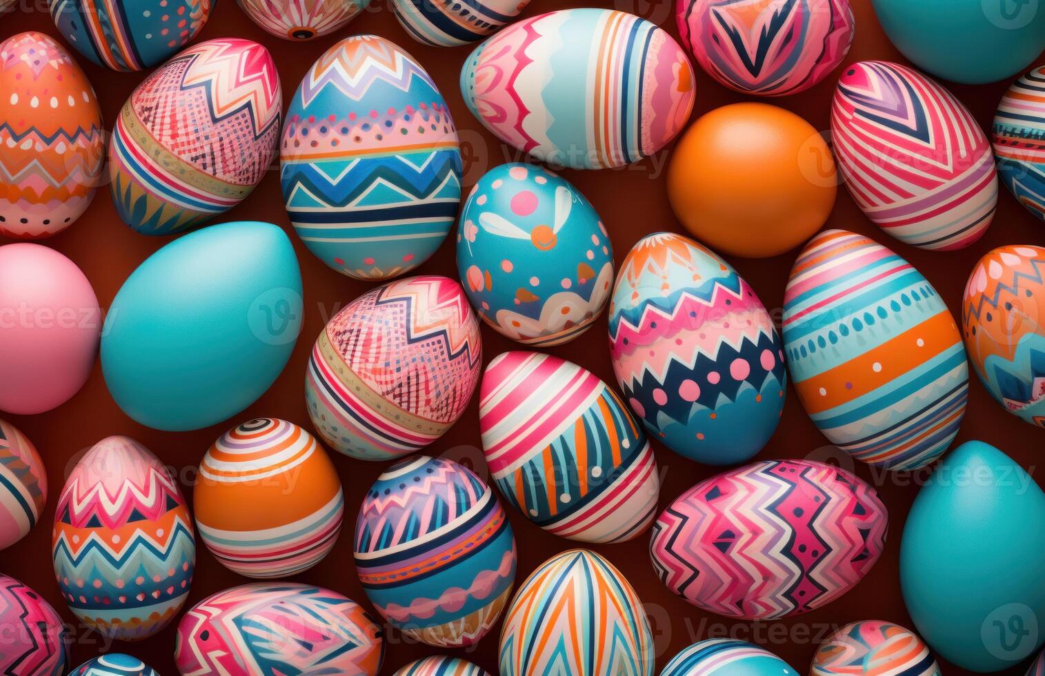 AI generated Colorful pattern of painted easter eggs on pink background, easter symbols picture photo