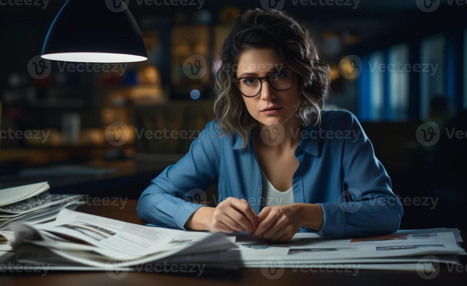 AI generated Woman diligently working with paperwork at her desk focused and organized in her tasks, corporate paper reports image photo