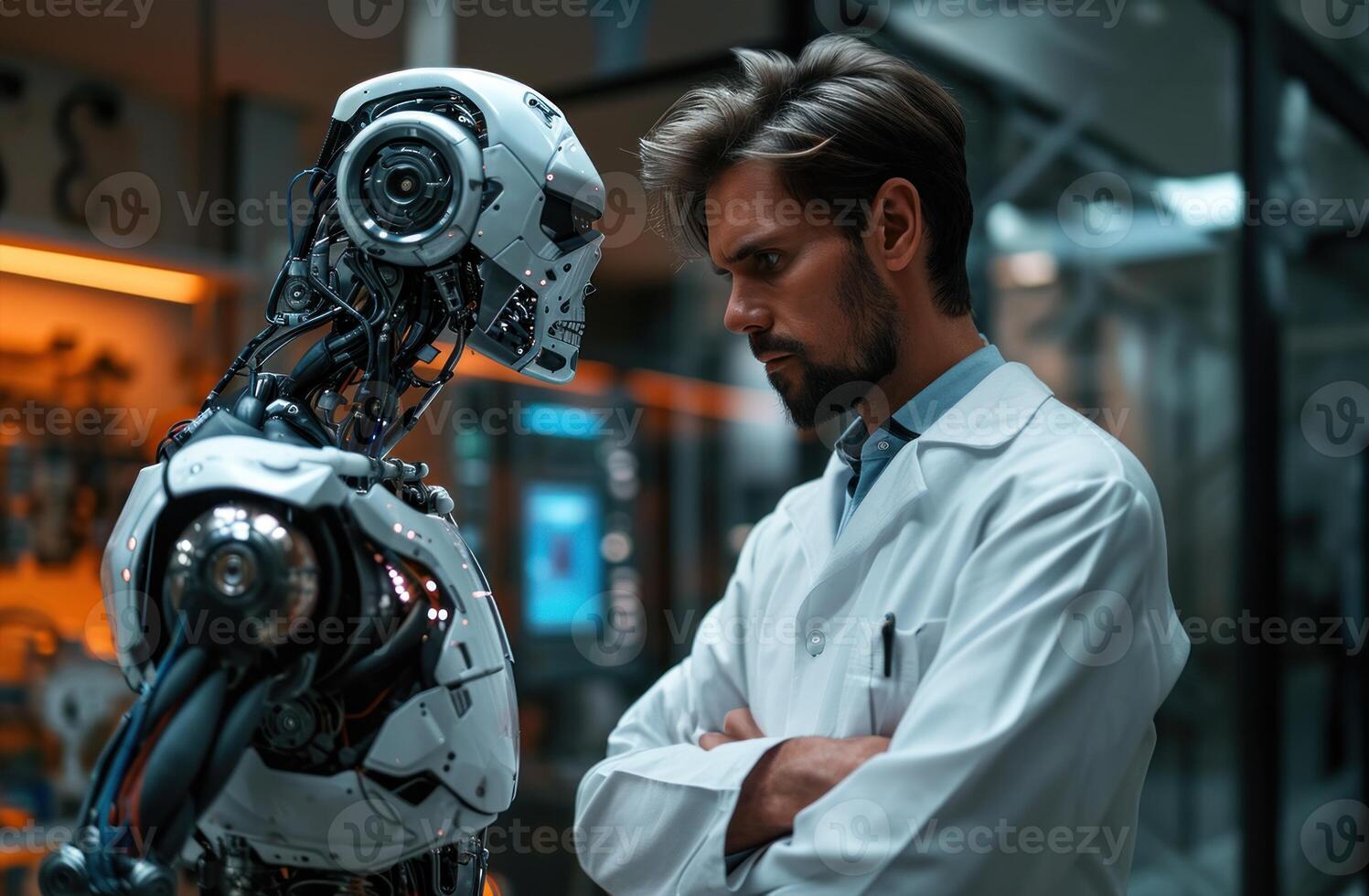 AI generated Scientist examines robot with crossed arms evaluating its features and functions in the laboratory photo