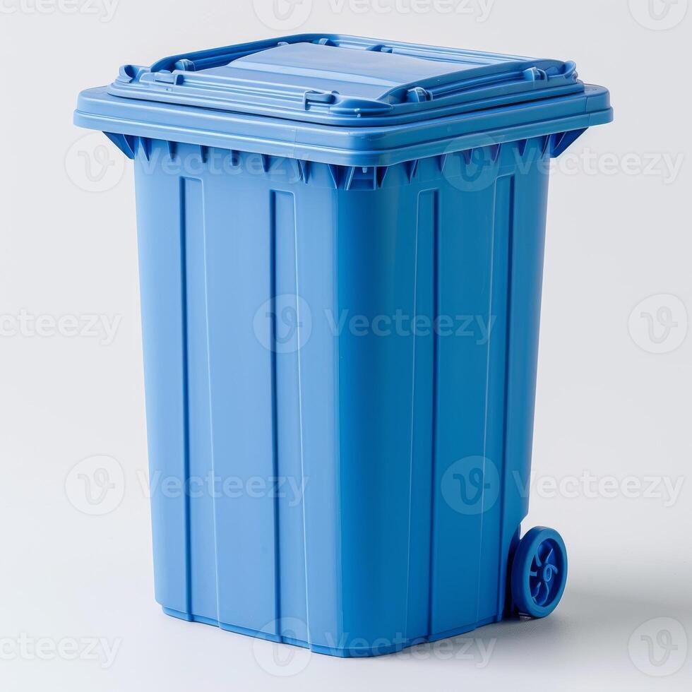 AI generated Blue recycling bin on a clean white background, composting and waste reduction image photo