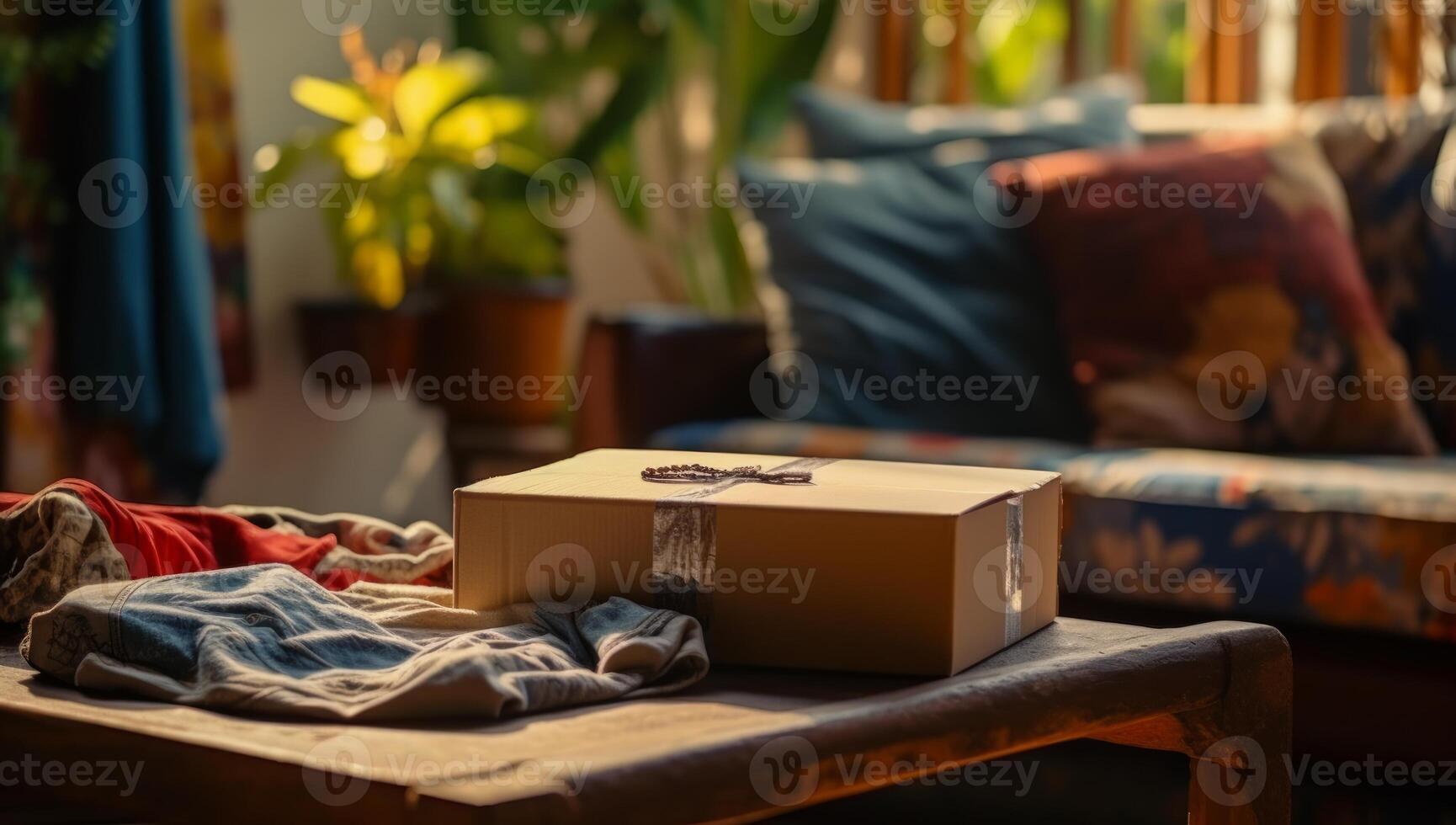 AI generated Table with a pack box, packing and decluttering image photo