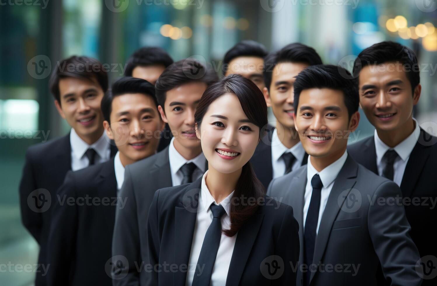 AI generated Japanese businesspeople standing together all with smiling faces in a harmonious group, reconciliation acceptance picture photo