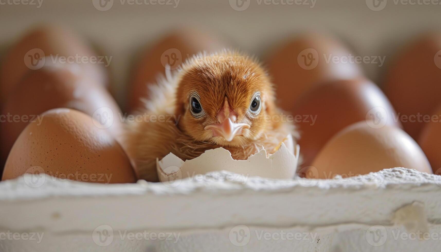 AI generated Cute chick hatches from egg on tray a delightful moment captured in this adorable image of new life emerging, baby animals picture photo