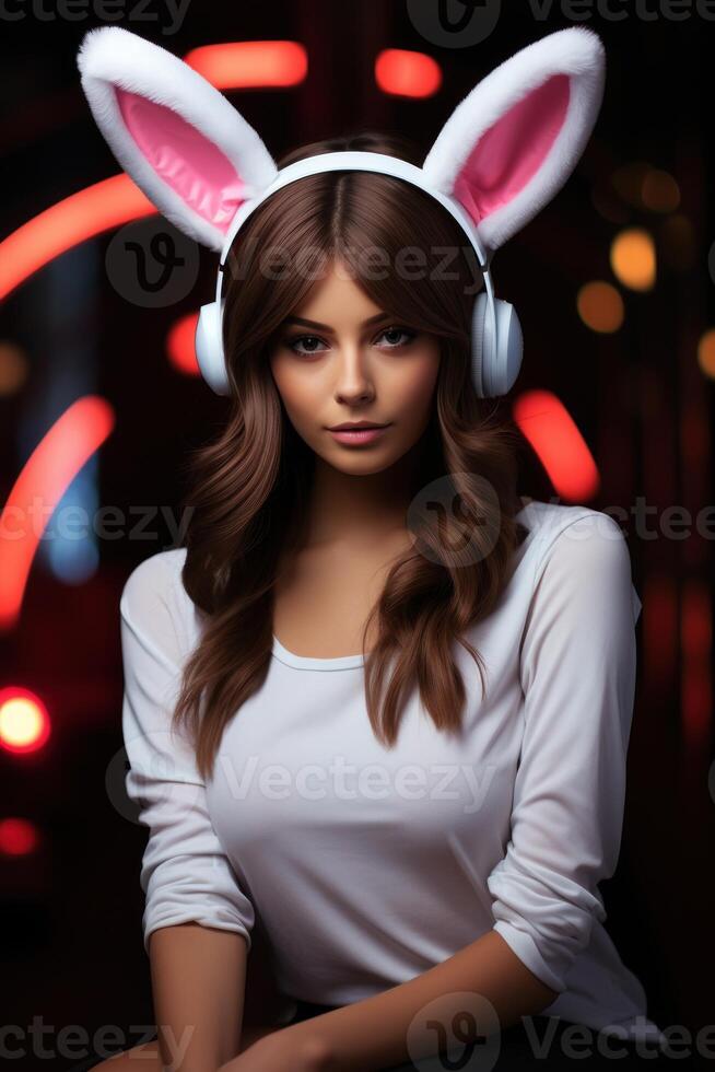 AI generated Woman wearing bunny ears poses in blurred backgronud, easter fashion picture photo