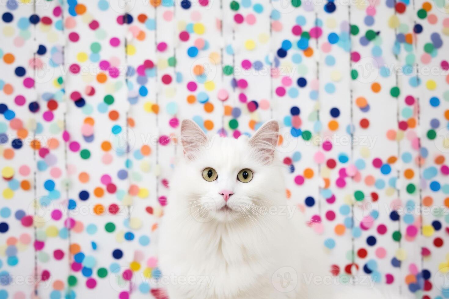 AI generated Cute adorable birthday white cat sitting on white confetti background. photo