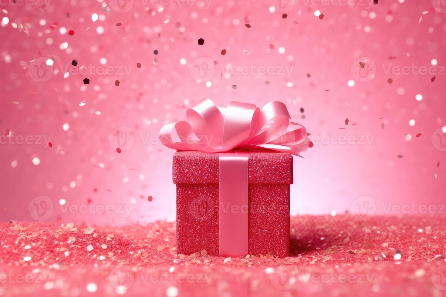 AI generated Pink gift box with a bow on festive glittering bokeh pink background photo