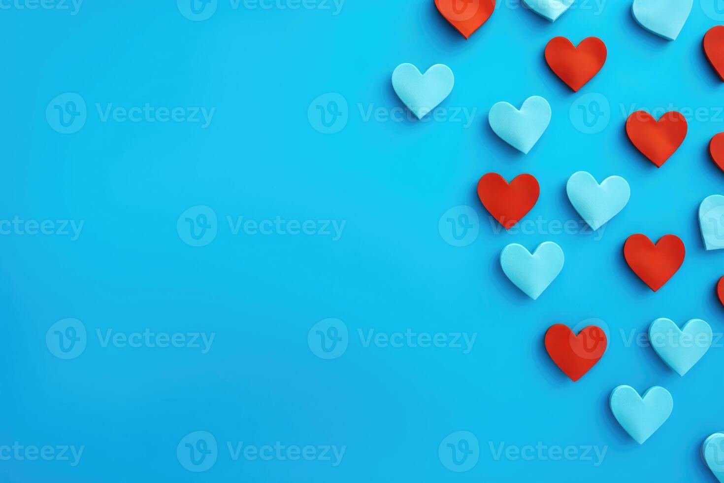 AI generated Blue and red hearts on a monocolor background. Happy Valentine's Day top view greeting card photo