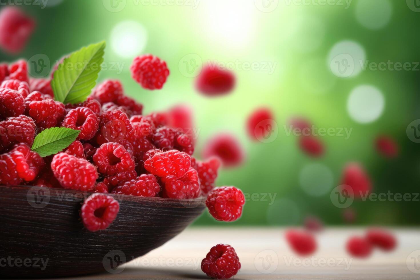 AI generated Fresh juicy raspberry on summer green grass background. Diet, healthy nutrition concept. photo