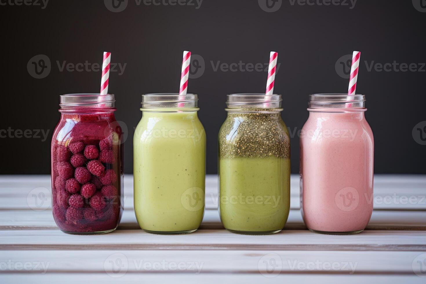 AI generated Berry fresh organic smoothie with vitamins, homemade mixed fruit beverage on wooden background photo