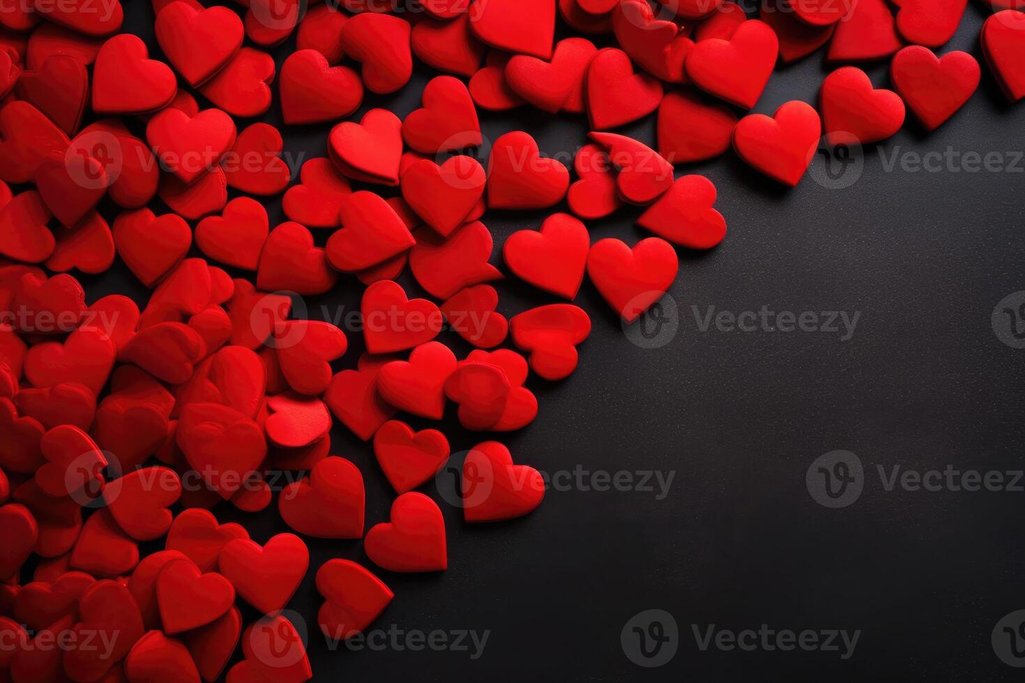 AI generated Red hearts on a black background for Happy Valentine's Day top view with copy space for text. photo