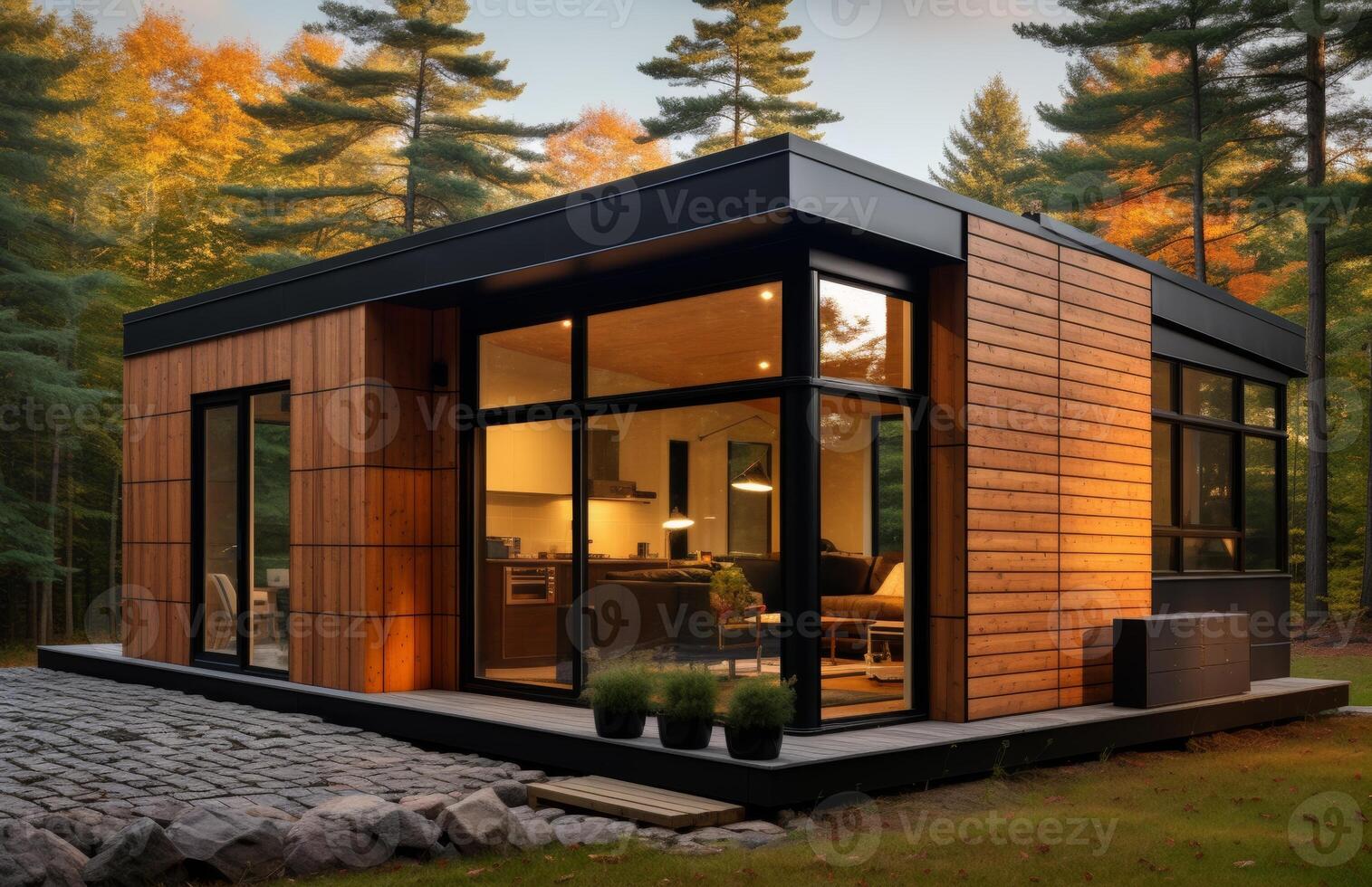 AI generated Small house featuring sleek black metal siding creating a modern and stylish exterior look, tiny homes picture photo