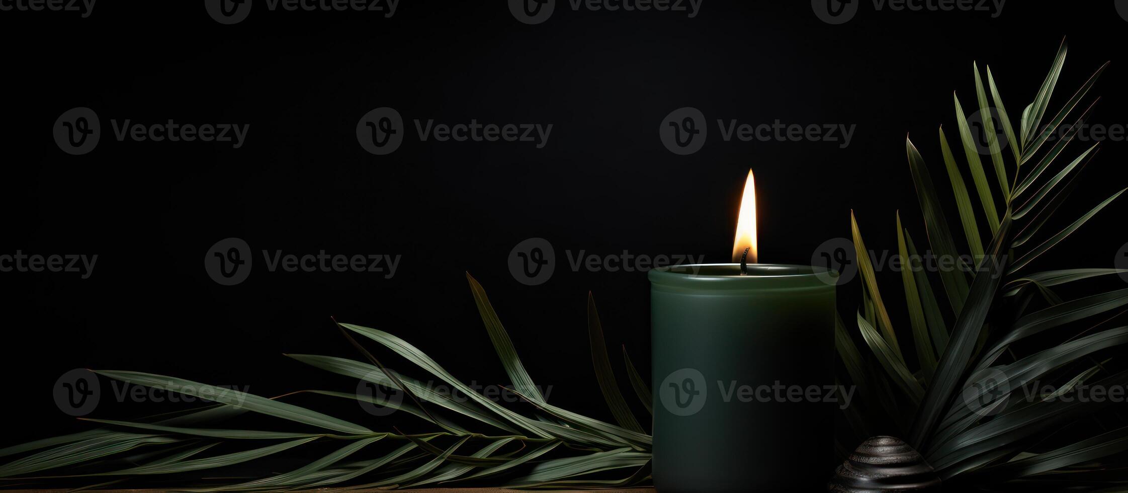 AI generated Aesthetic black candle paired with a palm branch on a dark background, palm sunday decorations concept photo