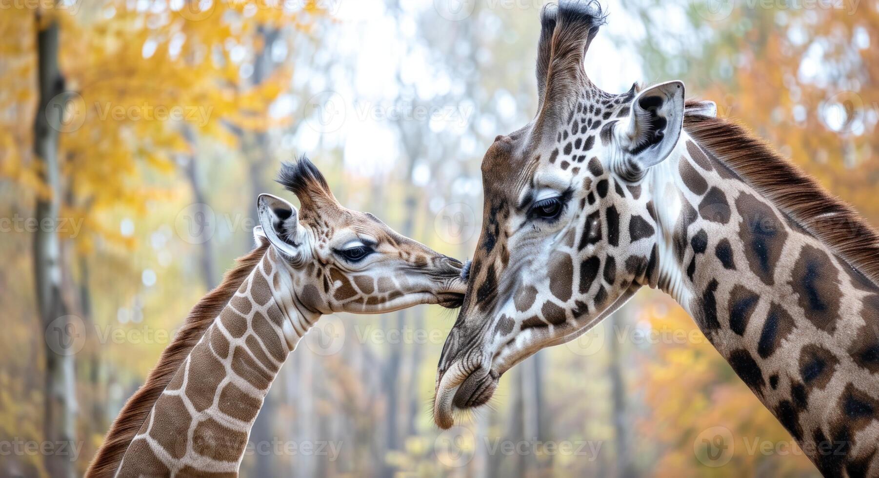 ai generado jirafa madre cariñosamente aseo su becerro en el bosque, bebé animales imagen foto