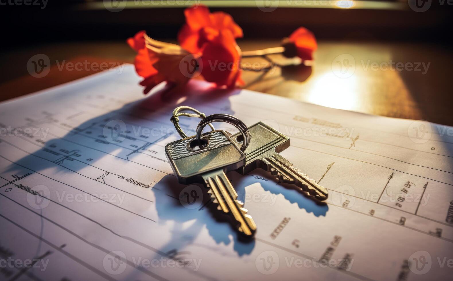 AI generated Keys resting on a mortgage approval form symbolizing the excitement of a new home purchase, home loan paperwork picture photo