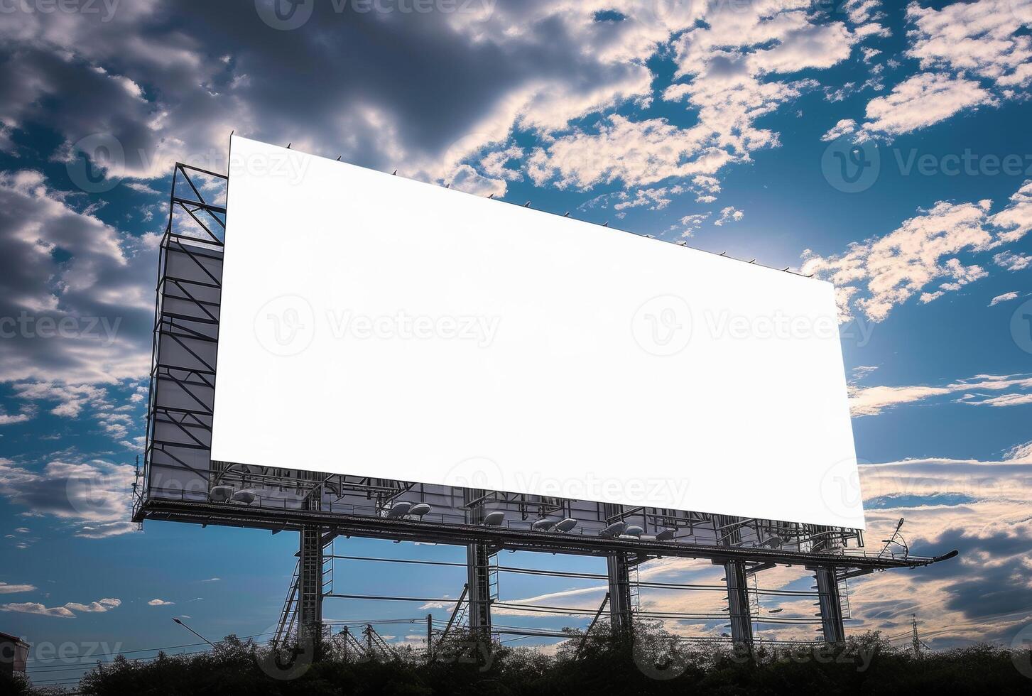AI generated Clear blue sky frames a large white billboard ready for your message or advertisement, branding marketing image photo