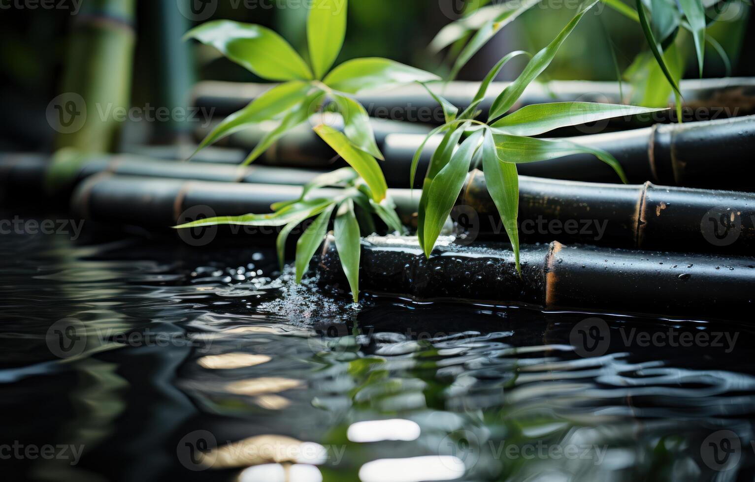 AI generated Bamboo and black stones flow gracefully in a water filled pool, water flow image photo