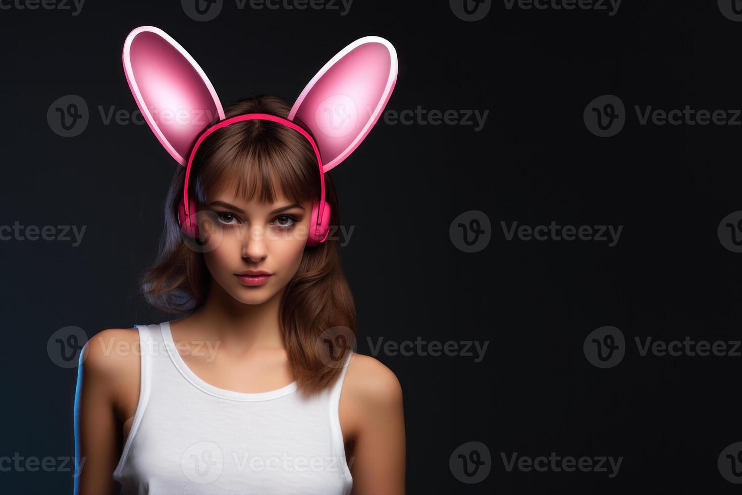 AI generated Woman wearing bunny ears poses in a white top radiating playful charm and fun vibes, easter fashion picture photo