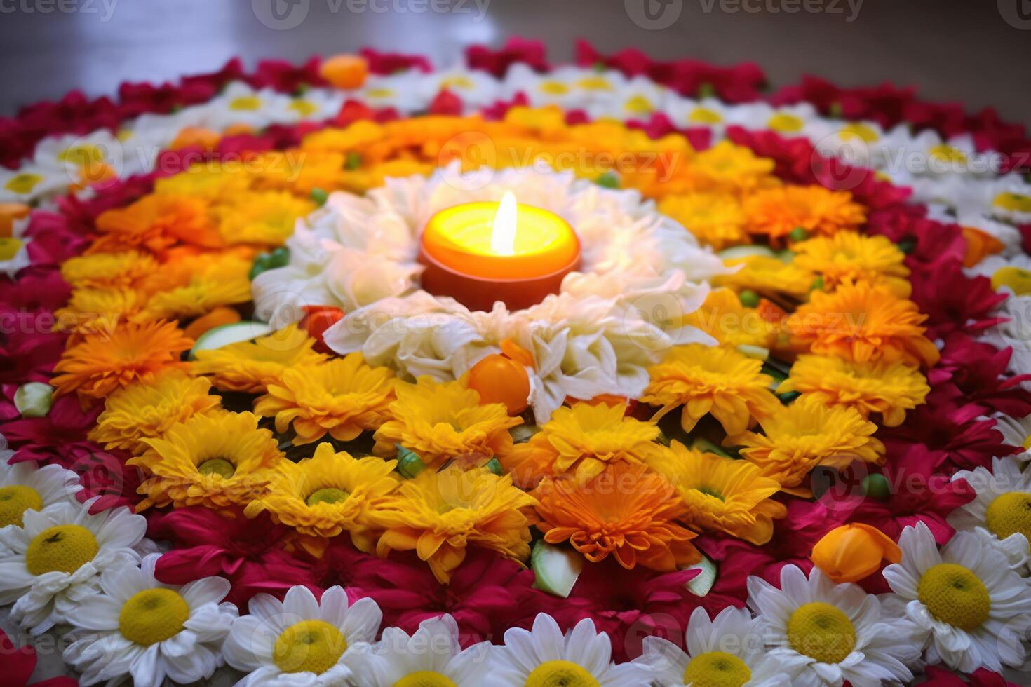 AI generated Traditional marathi pookalam adorns the festive celebration with vibrant floral patterns during a joyous marathi festival, photo