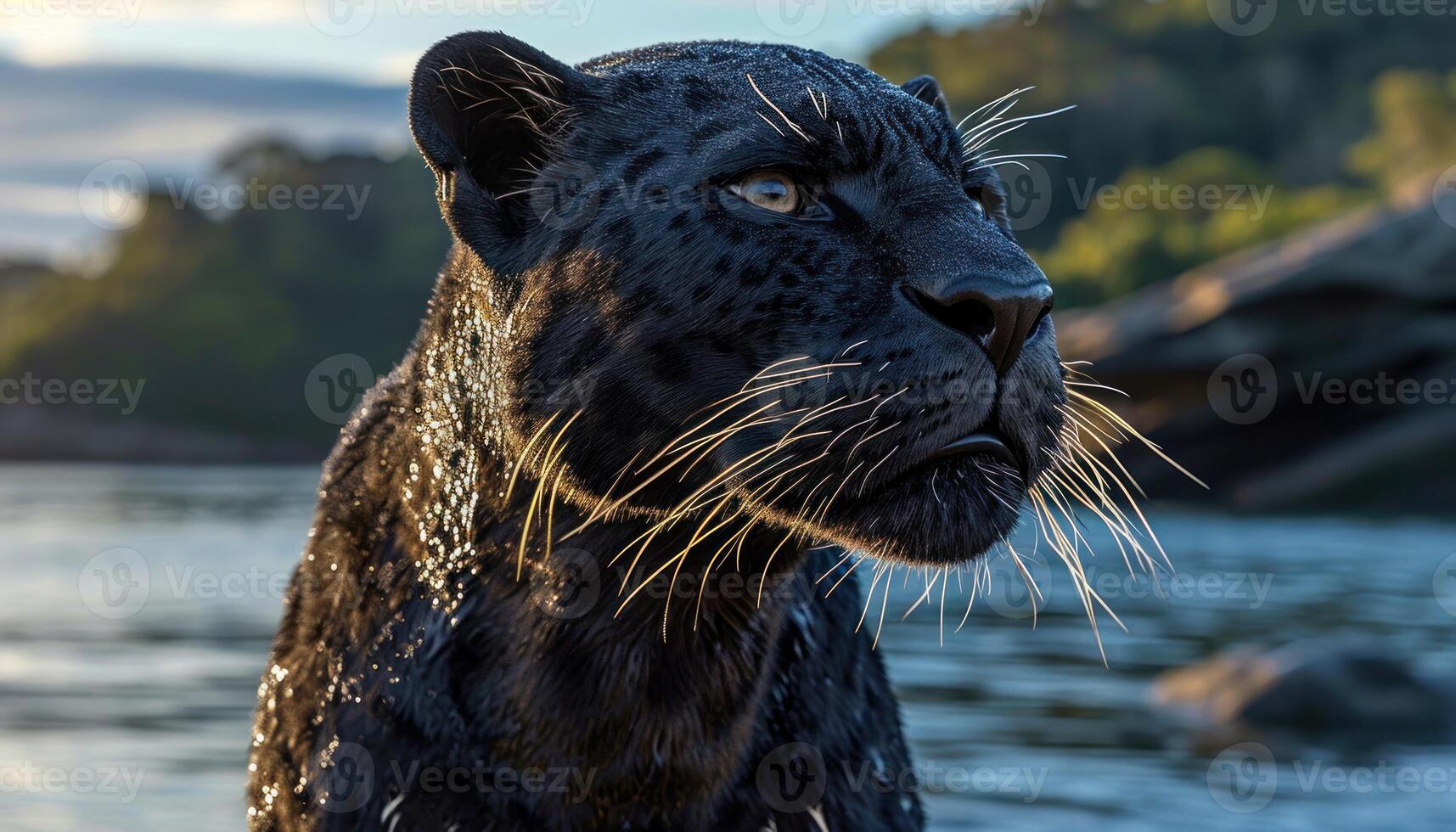 AI generated Majestic black panther proudly stands by the water, majestic big cats image photo