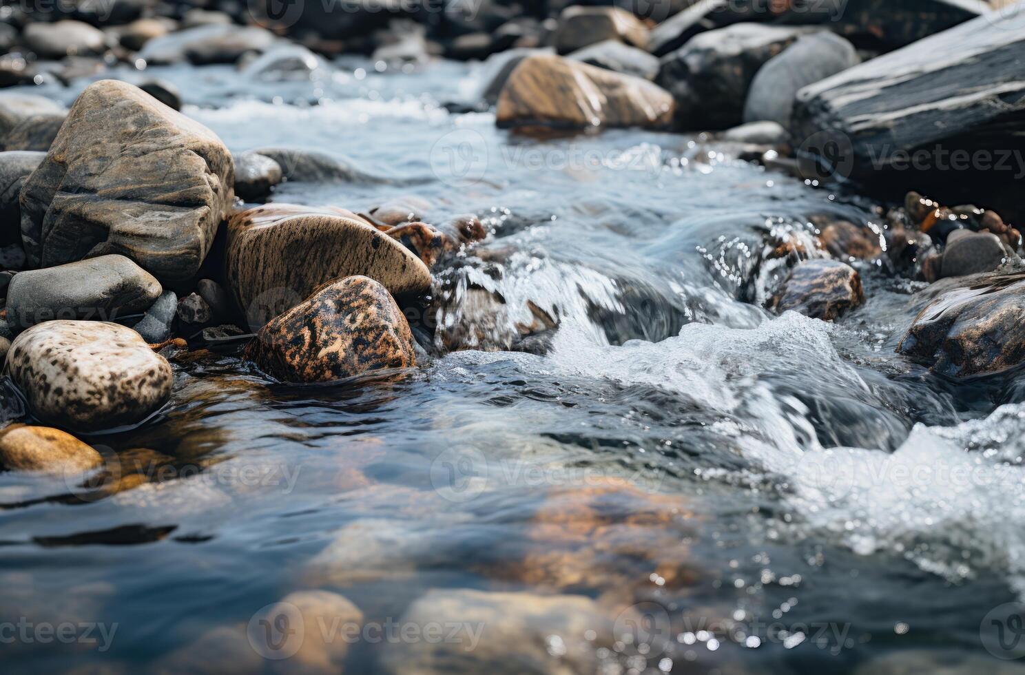 AI generated Clear river water gracefully flows over smooth and small rocks, water conservation picture photo