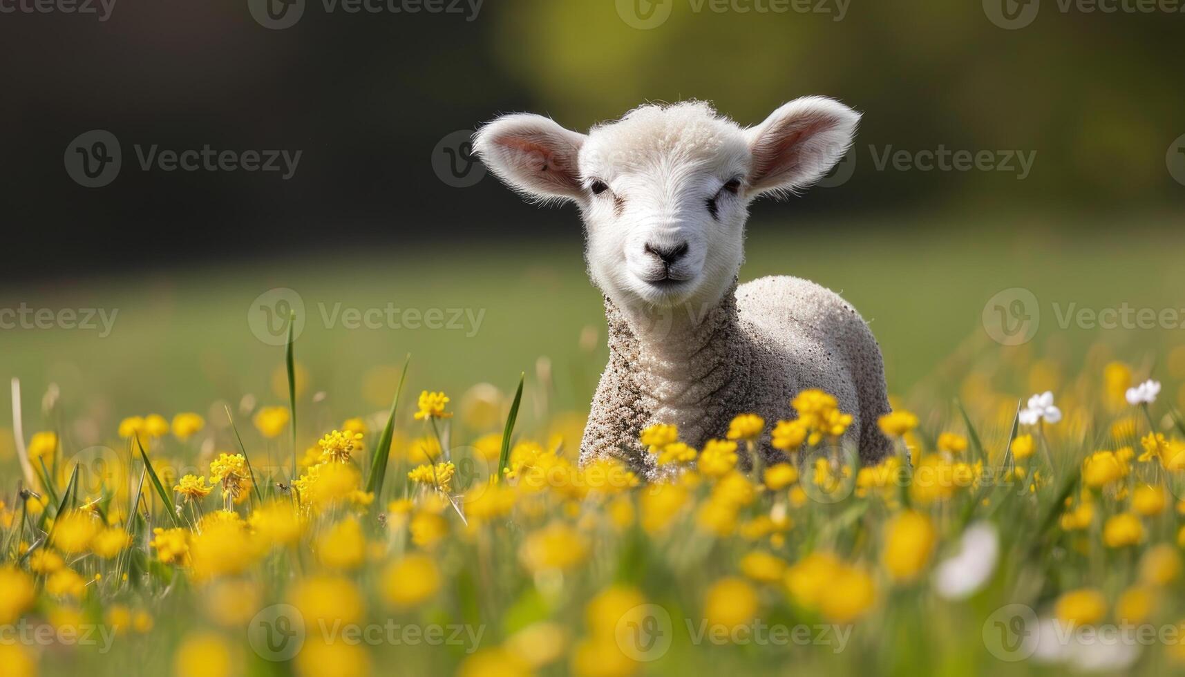 AI generated Cute lamb happily grazing in a sunny field surrounded by vibrant buttercups, baby animals picture photo