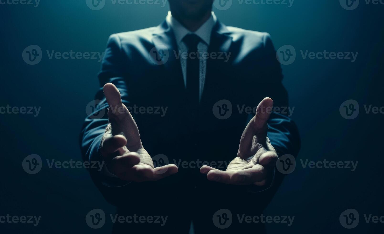 AI generated Businessman with open hands on dark blue background, brand launch image photo