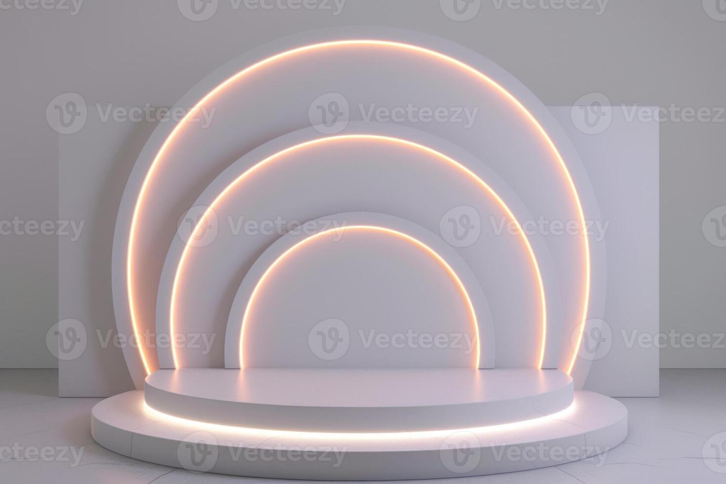 AI generated Neon lights glowing on a white wooden stand model creating a vibrant and captivating display, brand positioning picture photo