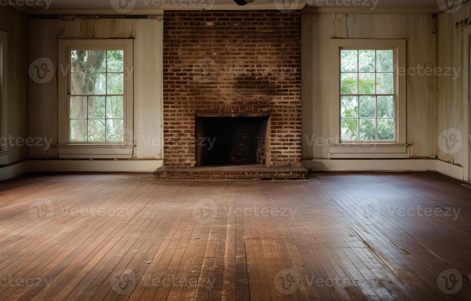 AI generated Spacious home with wood floors and a cozy brick fireplace, downsized home renovations image photo