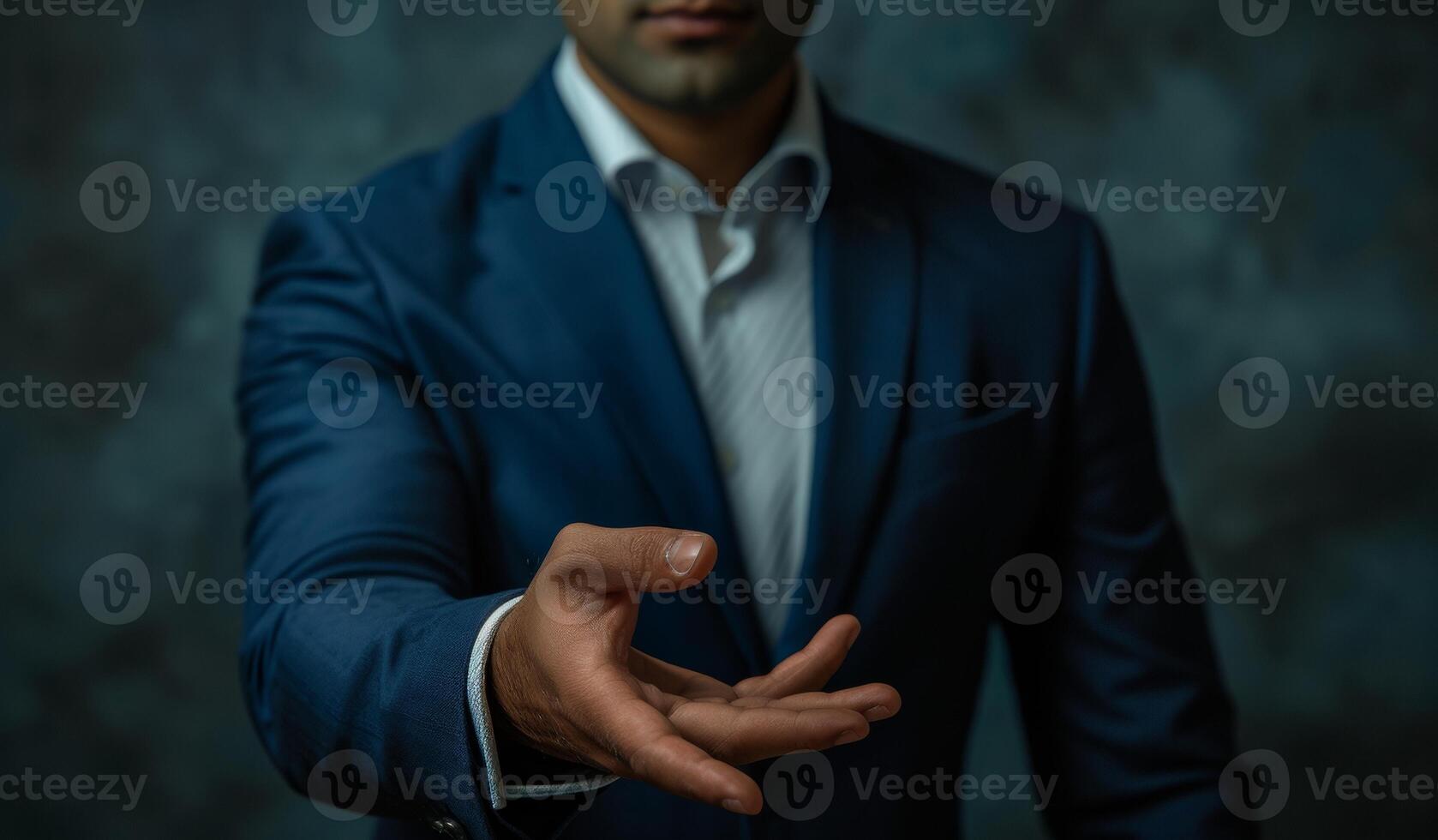AI generated Businessman displaying his hand confidently in a simple gesture, brand launch picture photo