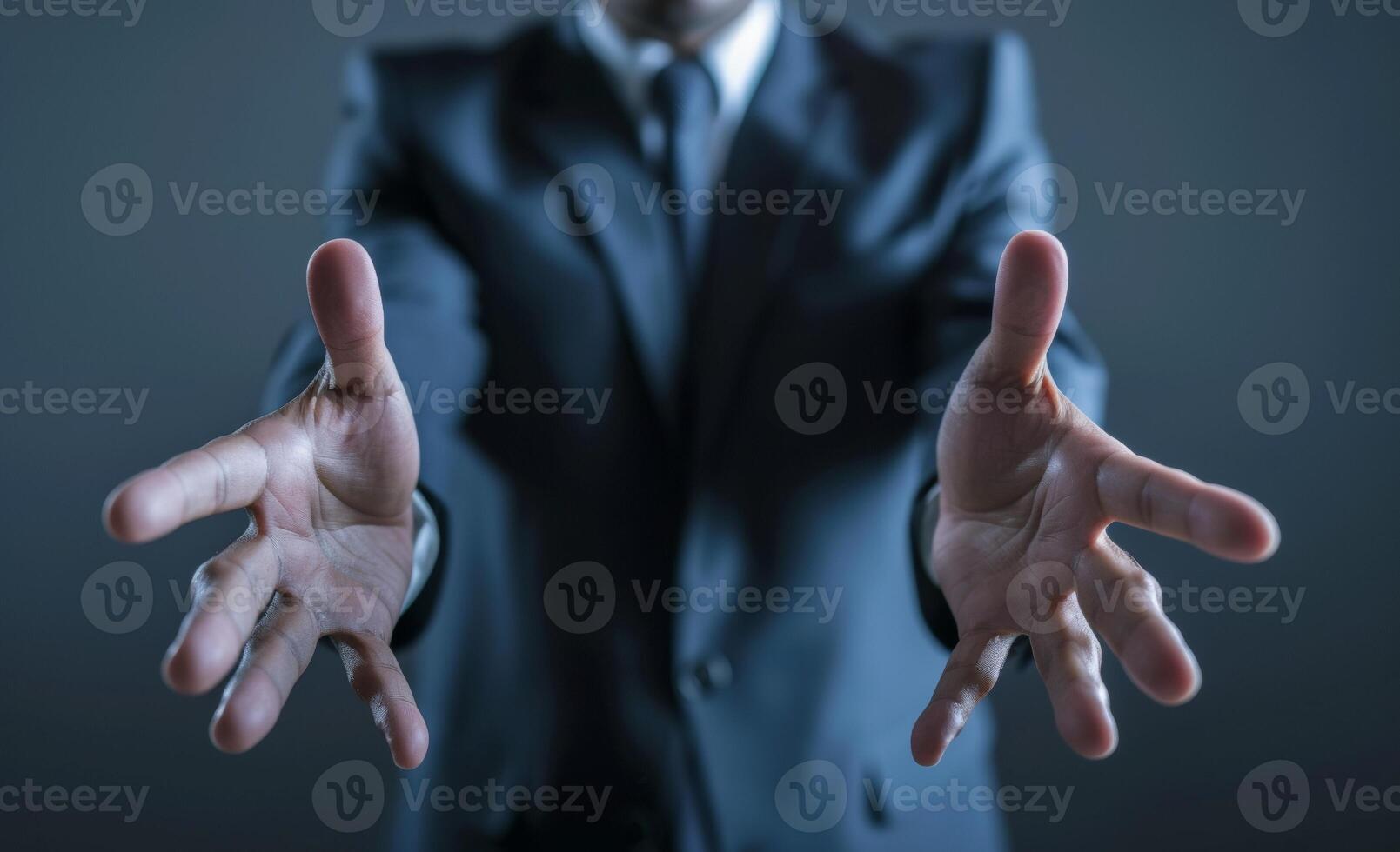AI generated Businessman displaying palms to the camera, brand launch picture photo