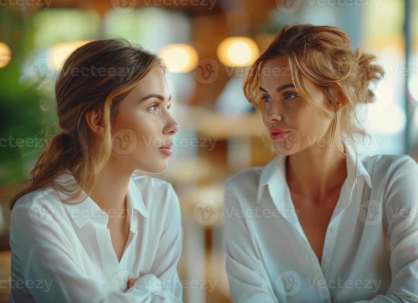 AI generated Two women both in white shirts engaged in conversation and collaboration during a business meeting, responsibility photo