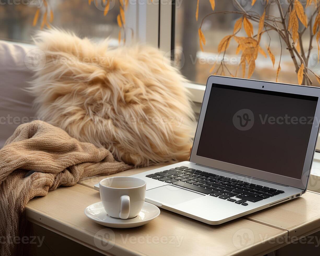 AI generated Laptop and coffee cup on the bed, coffee image photo