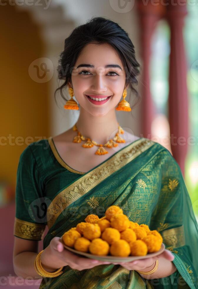 AI generated A sweet smiling woman in a green sari carries a plate of delightful sweets., gudi padwa sweets and cuisine photo