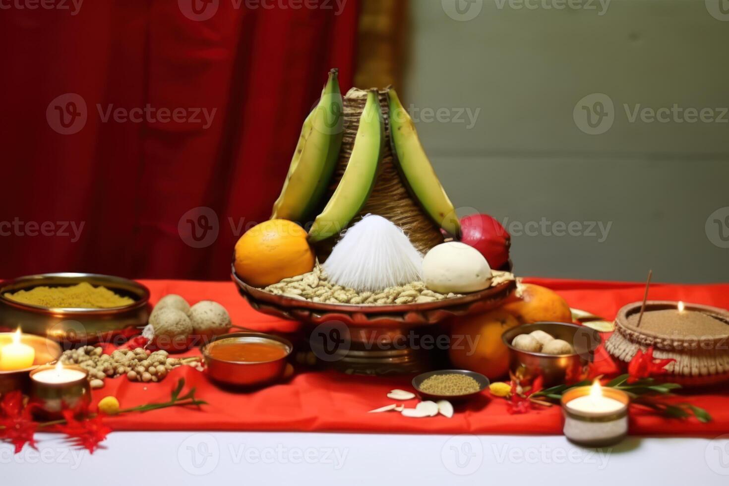AI generated Traditional indian pooja setup on red cloth with kalash diya brass samai betel nuts coconut mango leaves and fruits, gudi padwa traditional decoration image photo