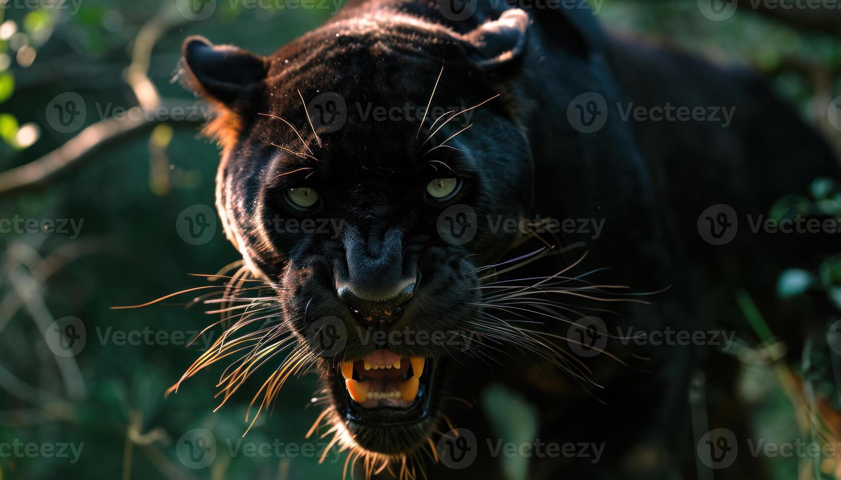 AI generated Wild black panther growls intensely in a striking head shot, majestic big cats image photo