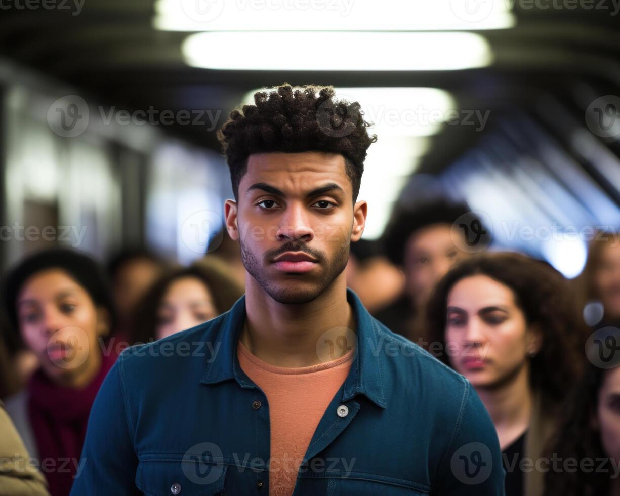 AI generated A man confidently walks through the subway amidst a crowd, urban transportation image photo