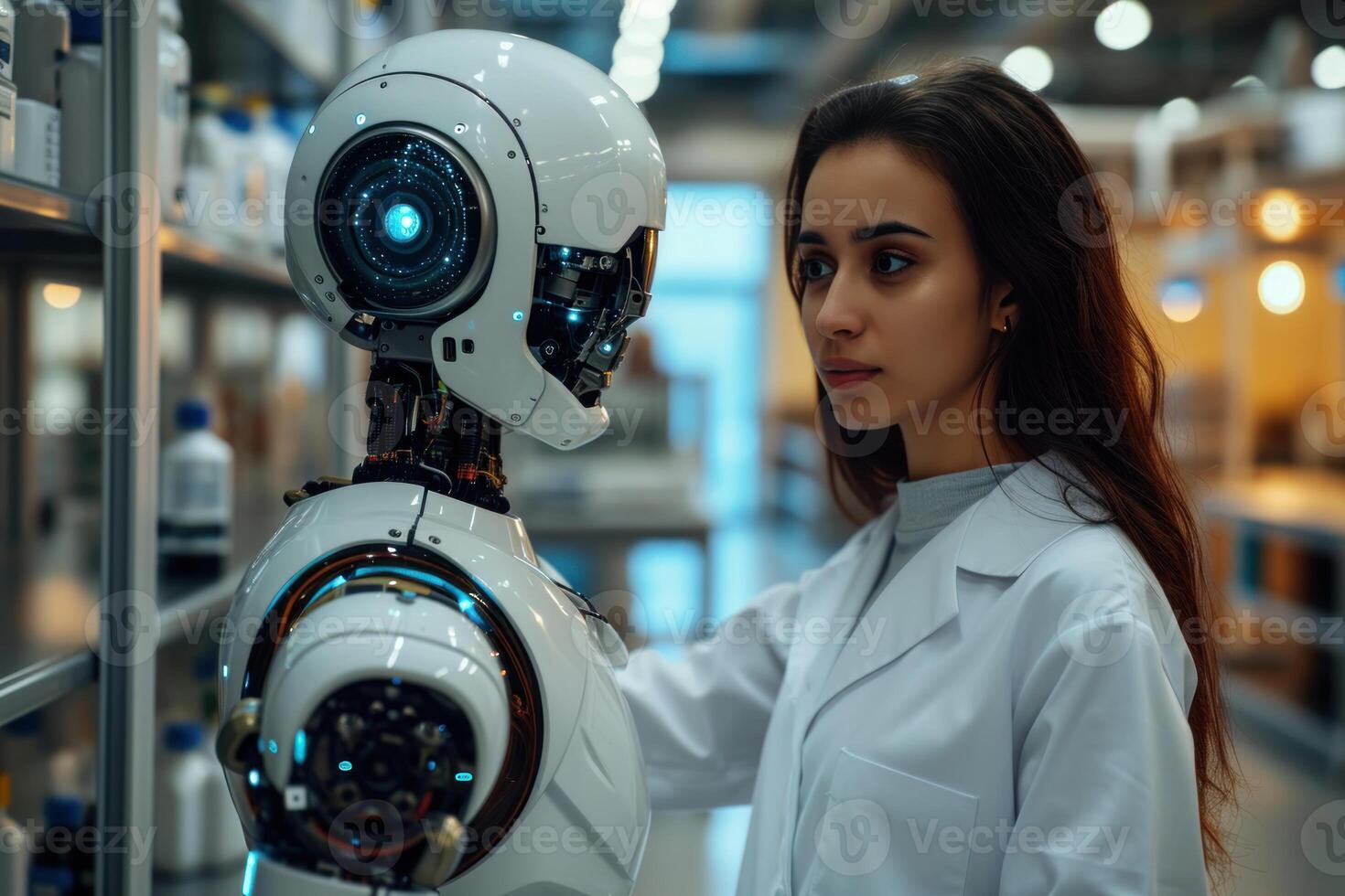 AI generated Robot technician and female scientist both in lab white coats photo