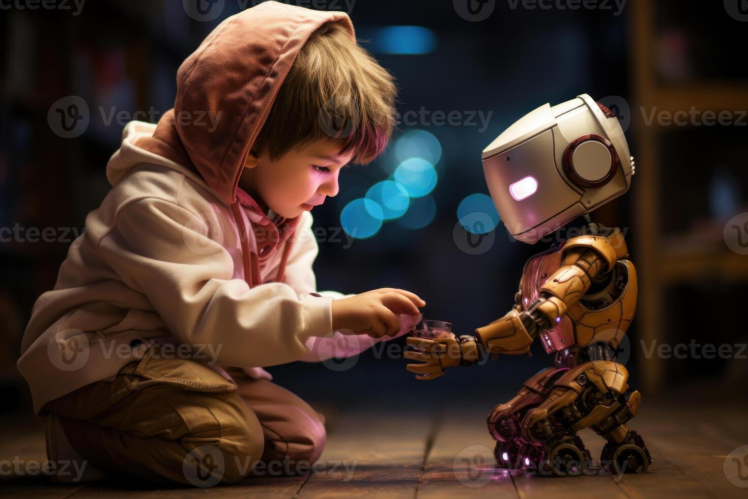 AI generated Boy on skateboard with playful robot companion for endless fun and adventures, robotic technology photo
