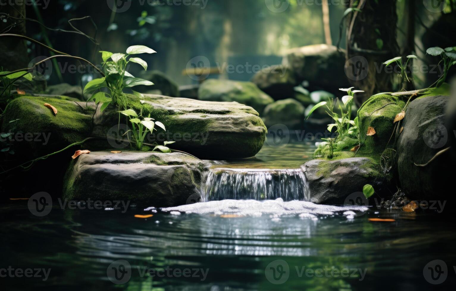 AI generated Immerse yourself in the rejuvenating warmth of hot stones beside a flowing waterfall, water flow photo