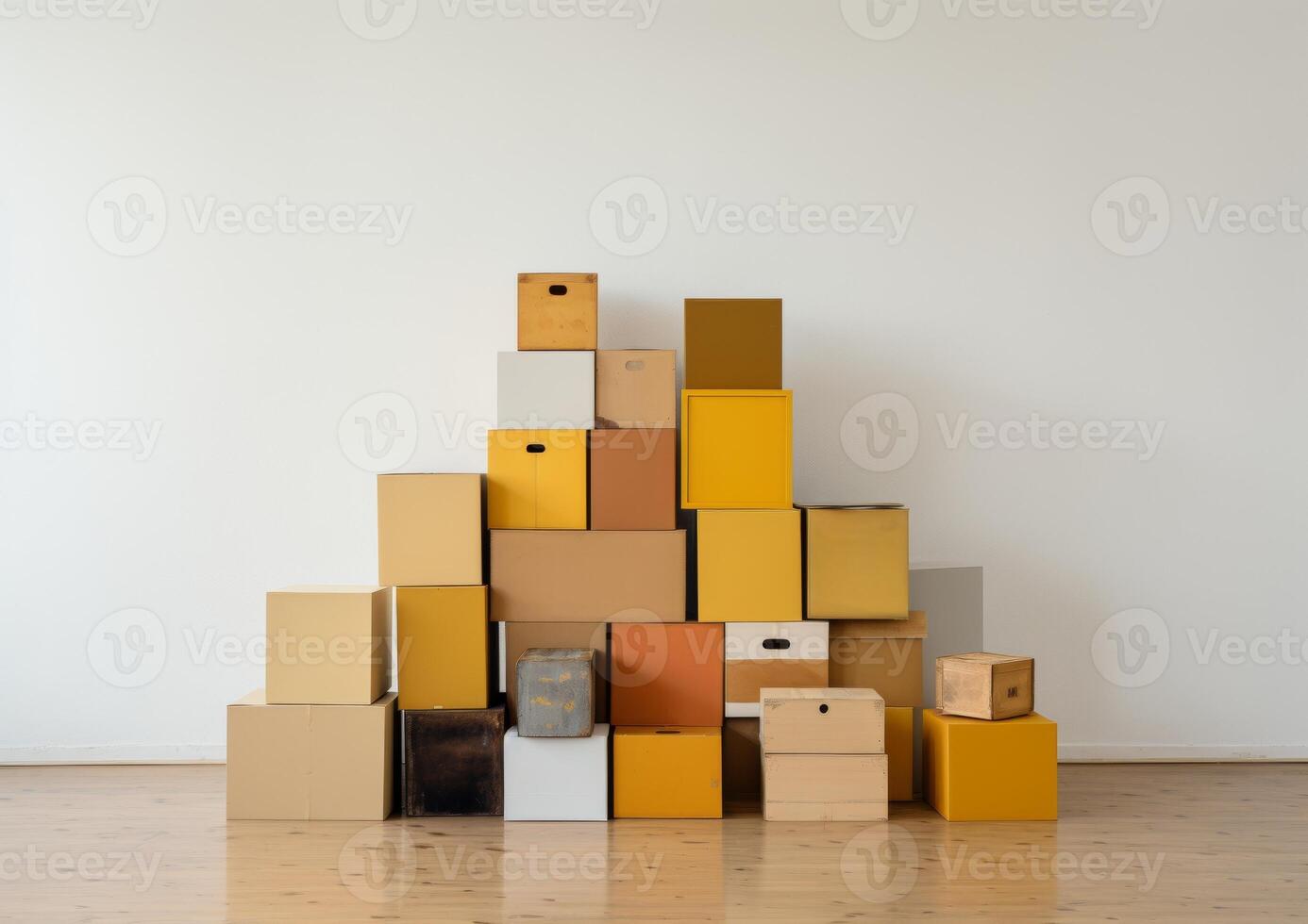 AI generated Colorful boxes arranged against a white wall creating a vibrant and dynamic visual composition, moving day picture photo
