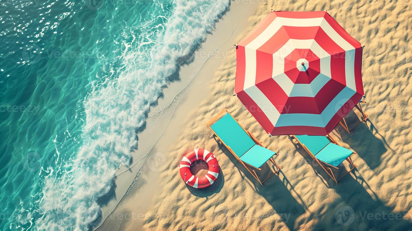 AI generated Beach umbrella chairs, inflatable ring on beach sand. summer vacation concept.top view Ai Generated photo