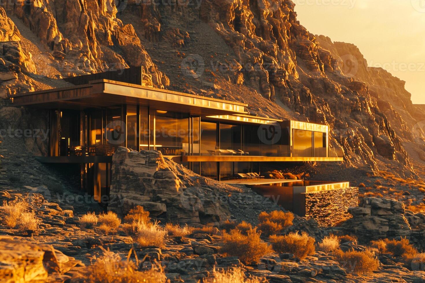 AI generated luxury golden house exterior in the desert, serene oceanic vista Ai Generated photo