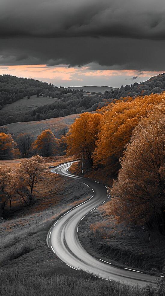 AI generated Photo of road amidst serene landscape. The right side of the image is dominated by trees with leaves Ai Generated