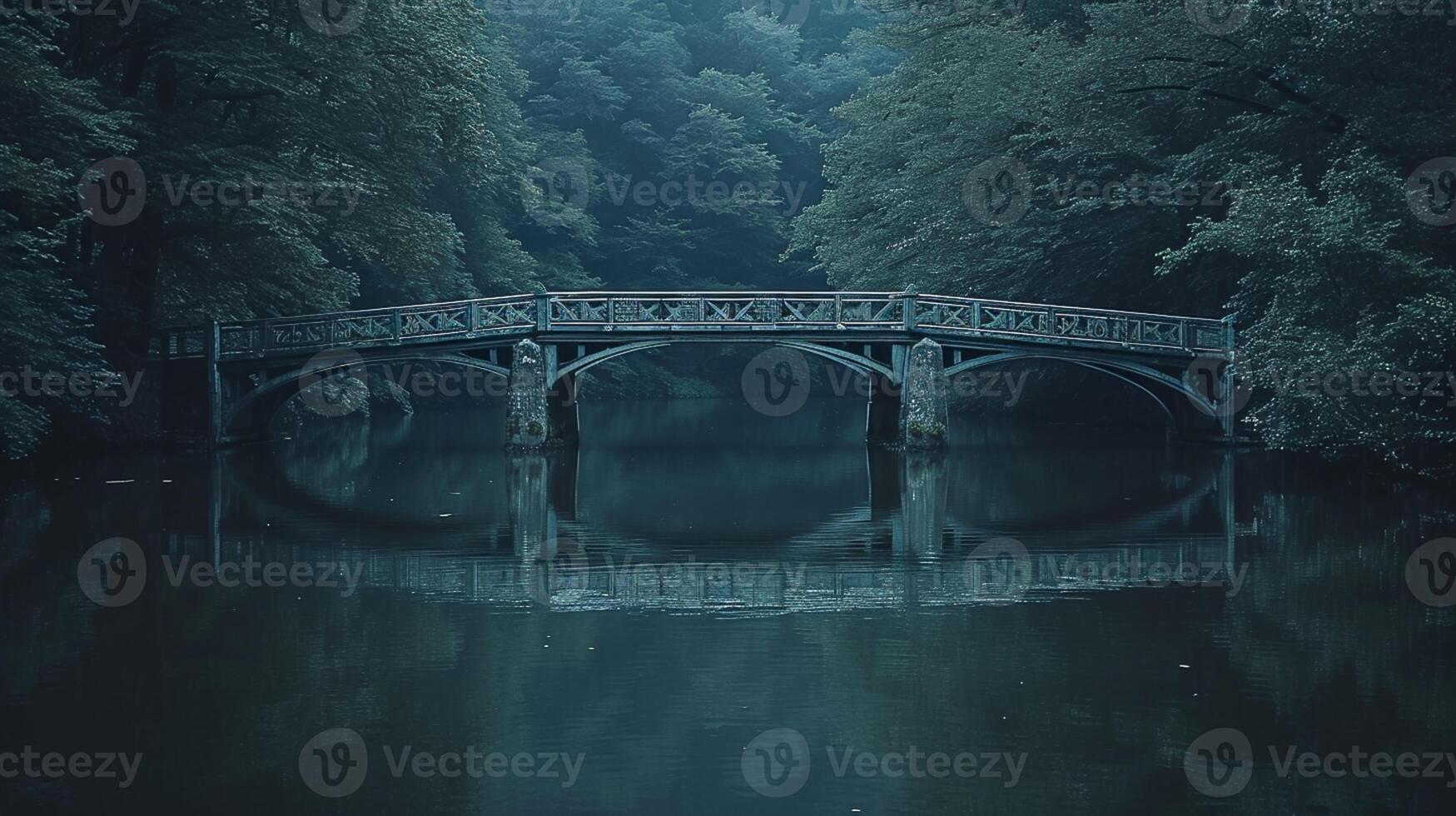 AI generated Photo of two symmetrical bridges crossing over dark river. The bridges should be identical and symmetrical, with intricate structural designs visible. Ai Generated