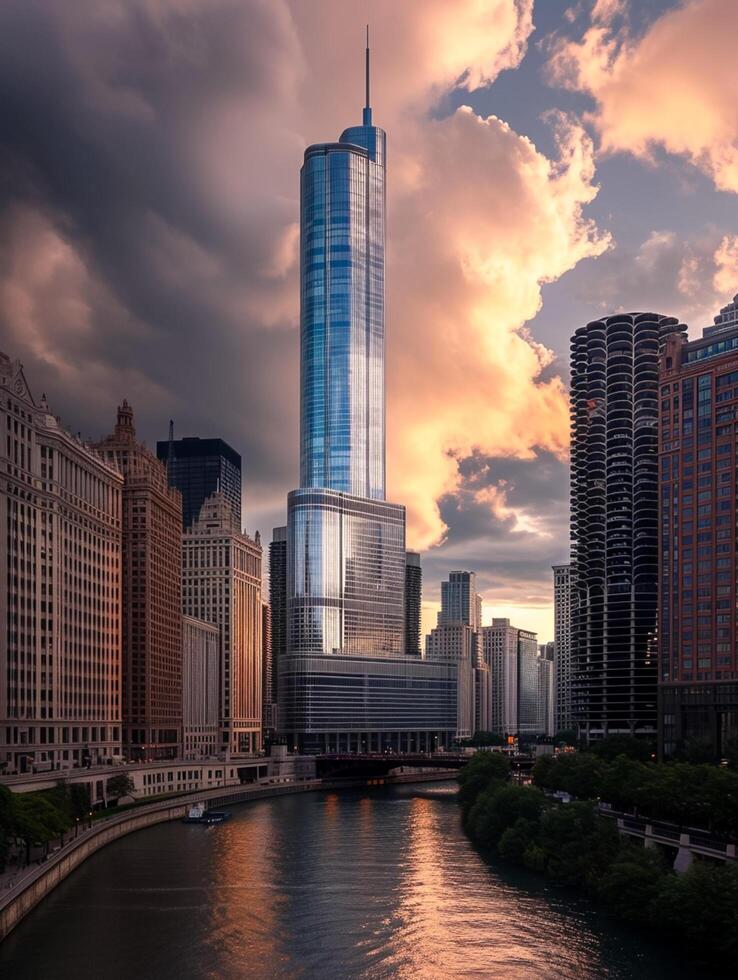 AI generated Photo of dramatic cityscape with towering skyscrapers, serene river, prominent glass skyscraper stands in the center. Surrounding buildings creating dense urban environment Ai Generated