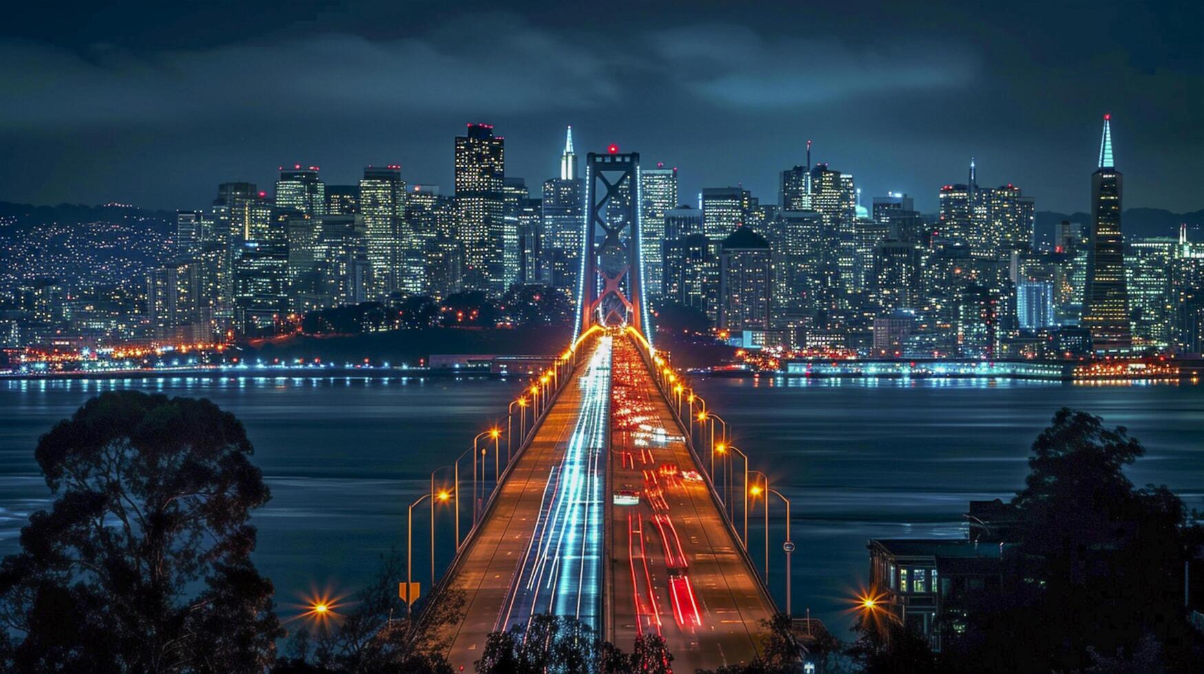 ai generado hermosamente iluminado puente a noche, con el ciudad luces en el antecedentes ai generado foto