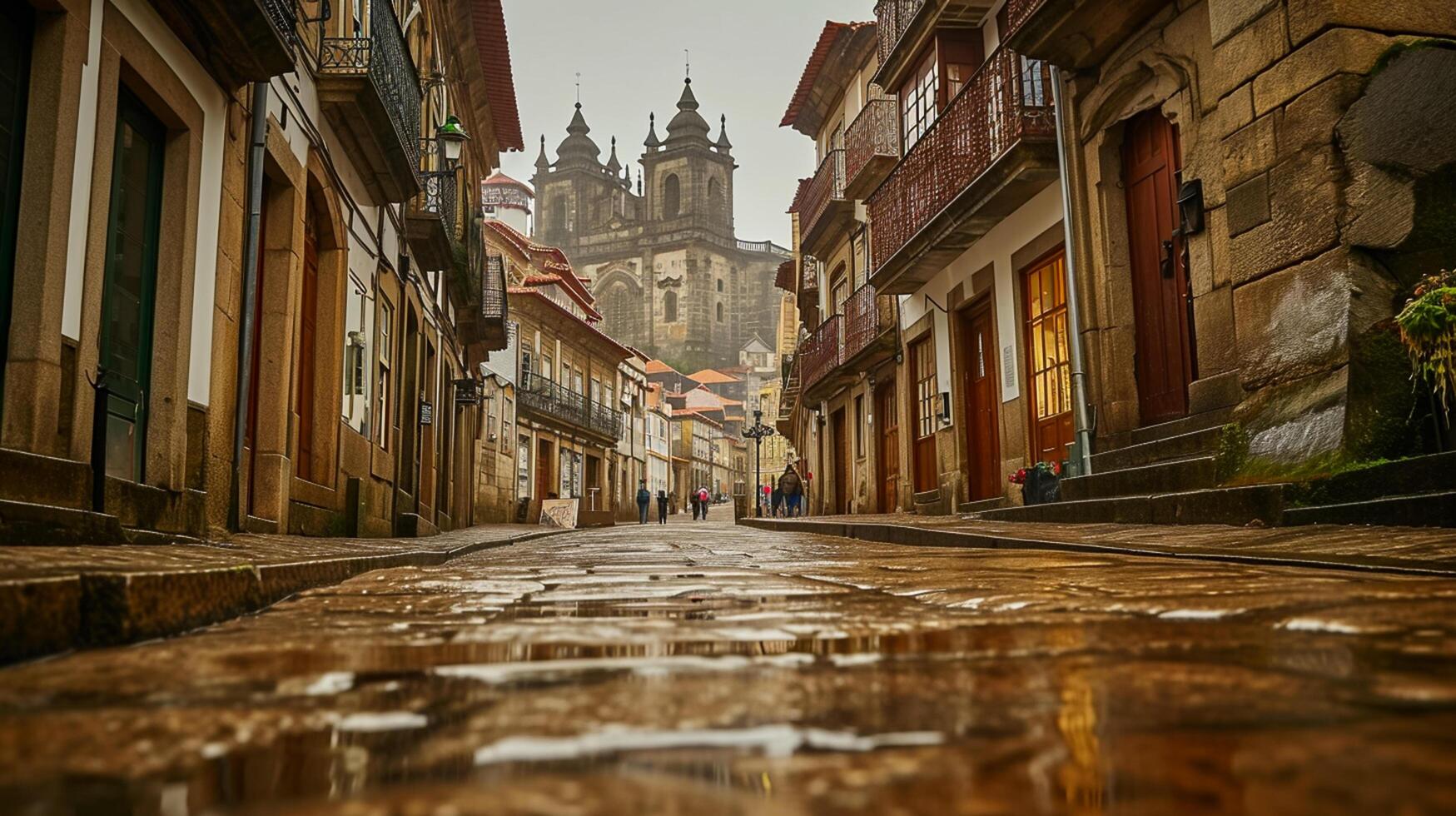 AI generated Photo cobblestone street lined with historic buildings leading towards an ornate cathedral. The buildings have rustic charm, featuring stone construction and wood balconies Ai Generated